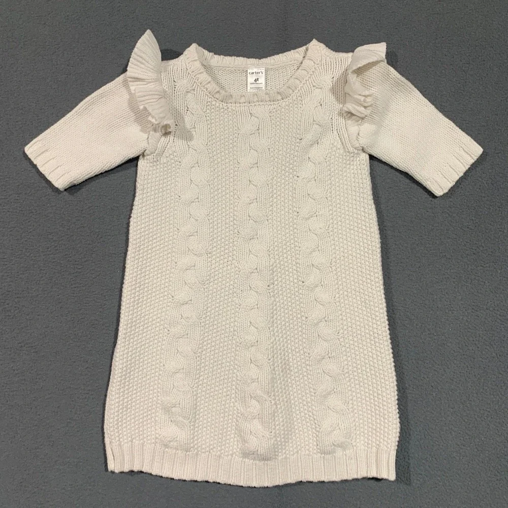 Carters Girl's White Cable Knit Ruffle Sweater Dress Short Sleeve Size 4T